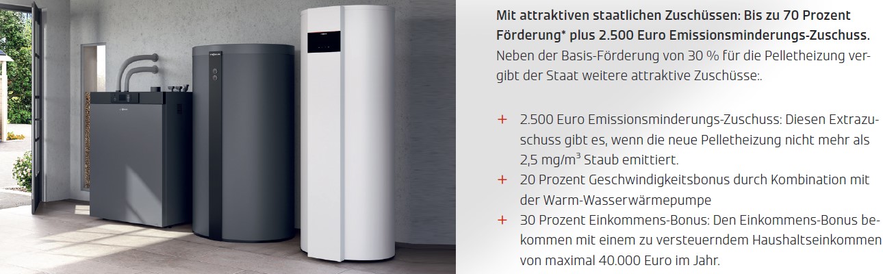 Heizungsanlage bestehend aus Warmwasser-Wärmepumpe Vitocal 262-A, Pelletkessel Vitoligno 300-C und Heizwasser-Pufferspeicher Vitocell 100-E